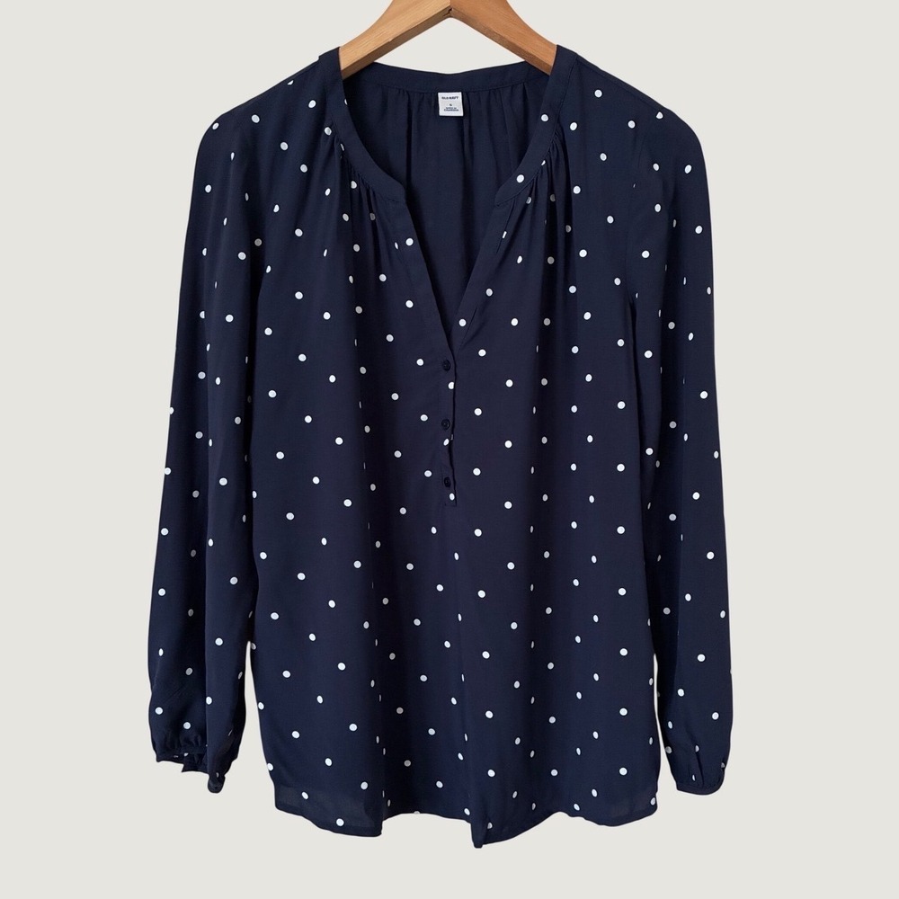 Old Navy Womens Navy Blue Polka Dot V-Neck Long Sleeve Blouse Size S Minimalist